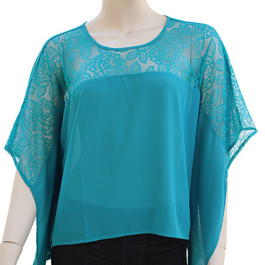 Gifts 4 All, A kimono style short sleeves blouse featuring a floral lace paneled yoke. Crepe woven. Scoop neck. No lining
Fabric:	Crepe Woven
Content:	100% Polyester
Available in 3 colors: Black, Teal or Coral 
Available Sizes 1XL, 2XL or 3XL
Pink is available in S, M or L 