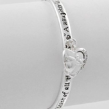Gifts 4 All, A special gift for your daughter!
Wrapped in the words of a Daughter's Blessing, this bracelet reads, "A daughter is a special gift, a blessing from above; the joy and friendship never end and least of all the love." Its inspiration doesn't stop at the saying; its silver tone style and beautiful heart charm also inspire especially with the charm's depiction of a guardian angel. Bracelet measures .9" wide at its widest point and 7" around, featuring a stretch design.
Bracelet measures 7" around and .9" wide
Dangling with a heart charm
Wear singular or stacked with other bracelets
Wrapped in the words of a daughter's blessing 