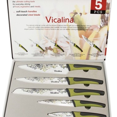 Gifts 4 All, Colorfull Pattern Blade
Easy Cleaning
Modern And Elegant Design Fits Every Kitchen Style.
Professional High Quality Knife Set.
Beautiful Set in beautiful gift box. A Wonderful gift for any cook for any occasion. 
Includes:
3.5'' Paring Knife
5'' Utility Knife
8'' Carving Knife
8'' Bread Knife
8'' Chef knife
