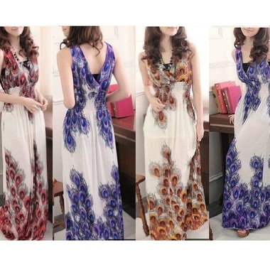 Gifts 4 All - White Peacock print Maxi dress Your choice of Color