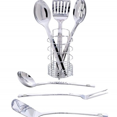Gifts 4 All, Includes ladle, solid spatula, slotted spatula, salad spoon, slotted spoon, meat fork, and chrome wire rack. Rack measures 4" x 7-1/2". Limited lifetime warranty. Gift boxed. 
This 7pc kitchen tool includes:
Ladle
Solid Spatula
Slotted Spatula
Salad Spoon
Slotted Spoon
Meat Fork
Chrome Wire Rack