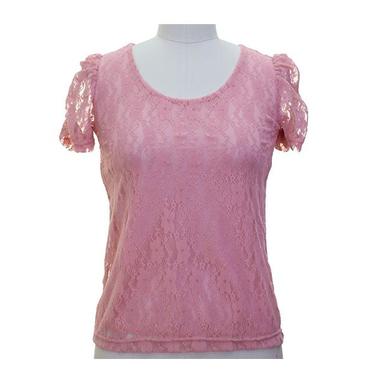 Gifts 4 All, A junior fit top featuring a detailed floral lace knit. Scoop neck. Ruched short sleeves. Lined. 
Fabric:	Knit
Content:	92% Polyester 8% Spandex
Available sizes: Junior S, M or L
Available Colors: Mint, Pink (peach), White or Black
