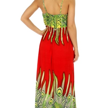 Gifts 4 All, This beautiful Peacock maxi dress is available in Lime/Red color. It has halter top and shoulder strap. Available in 4XL, and 5XL Sizes. 
100% Polyester