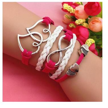 Gifts 4 All, Wrap Bracelet 
Hot pink or Light Pink -Double heart, infinity bracelet with leather rope.
Trendy, beautiful bracelet
This is a beautiful bracelet, ready to ship. Trendy, new fashion.