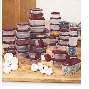 Gifts 4 All, 100-Pc. Container Set has a variety of containers and lids for almost any use. The 13 different sizes and shapes mean you'll always have the right container. The set also includes measuring cups and spoons. The containers and measuring tools nest for compact storage.They are microwave, freezer and dishwasher safe. Made of clear plastic.

    100-Piece Value Set!
    100-Pc. set includes:
        45 Containers
            Three 6-oz. round (3-1/4" dia. x 1-1/2")
            Six 10-oz. round (4" dia. x 2")
            Three 12-oz. round (3-1/4" dia. x 3-1/4")
            One 14-oz. rectangle (5" x 4-1/4" x 2")
            Four 6-oz. square (3-1/4" sq. x 1-1/2")
            Two 8-oz. rectangle (4" x 3-1/2" x 1-1/2")
            Four 12-oz. square (4-1/4" sq. x 2")
            Two 32-oz. rectangle (6" x 5" x 2-1/4")
            Four 25-oz. square (5" sq. x 2-1/2")
            Six 8-oz. half-circle (4-1/2" x 2")
            Two 60-oz. rectangle (10-1/4" x 6" x 2")
            One 32-oz. oval (7-1/2" x 3-1/2" x 3-1/4")
            Seven 4-oz. square (2" sq. x 1-1/2")
        45 Purple lids
        10 Measuring cups and spoons
