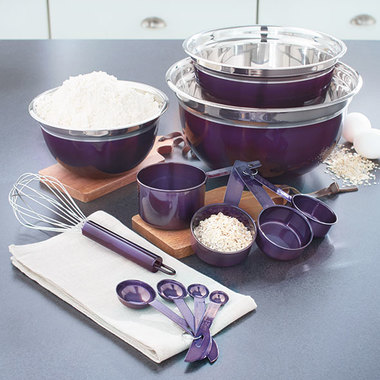 Gifts 4 All, Bake up a storm in your own kitchen with the 12-Pc.  Mixing Bowls, Measuring Set and a Whisker . This high-quality, stainless steel bakeware features the essentials you need to whip up delicious, homemade goodies. Beginning and experienced bakers alike will appreciate this versatile set. The bowls nest inside each other for easy storage. Stainless steel: dishwasher and freezer safe. Red and purple: hand wash recommended and freezer safe.
Perfect starter set.
12Pc. set includes:
Small mixing bowl, 50 oz.
Medium mixing bowl, 90 oz.
Large mixing bowl, 140 oz.
Measuring cup set:
1/4 cup
1/3 cup
1/2 cup
1 cup
Measuring spoon set:
1/4 tsp.
1/2 tsp.
1 tsp.
1 tbsp.
Whisk, 10"L
Details:
Stainless steel
Stainless steel: dishwasher and freezer safe
*Red and purple: hand wash recommended and freezer safe