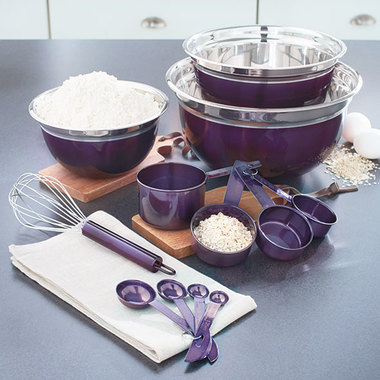 Gifts 4 All, Bake up a storm in your own kitchen with the 12-Pc.  Mixing Bowls, Measuring Set and a Whisker . This high-quality, stainless steel bakeware features the essentials you need to whip up delicious, homemade goodies. Beginning and experienced bakers alike will appreciate this versatile set. The bowls nest inside each other for easy storage. Stainless steel: dishwasher and freezer safe. Red and purple: hand wash recommended and freezer safe.
Perfect starter set.
12Pc. set includes:
Small mixing bowl, 50 oz.
Medium mixing bowl, 90 oz.
Large mixing bowl, 140 oz.
Measuring cup set:
1/4 cup
1/3 cup
1/2 cup
1 cup
Measuring spoon set:
1/4 tsp.
1/2 tsp.
1 tsp.
1 tbsp.
Whisk, 10"L
Details:
Stainless steel
Stainless steel: dishwasher and freezer safe
*Red and purple: hand wash recommended and freezer safe