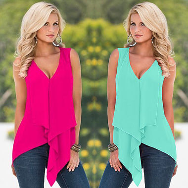 Gifts 4 All, This top is very pretty. Great for summer as it is made with polyester, chiffon like fabric. It is sleeveless, deep V-Neck. You can wear over a tee-shirt or cami.
Available in White, Hot Pink, Green or Peach