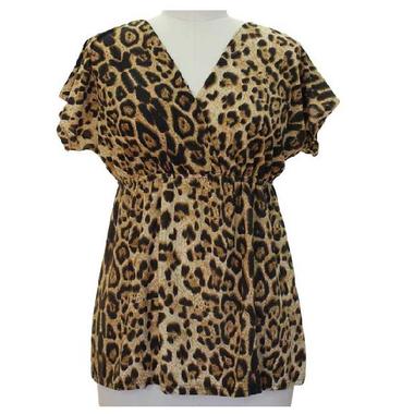 Gifts 4 All, Leopard print empire waist top featuring kimono sleeves. Surplice neckline. Elasticized waistline. Knit fabric.
Fabric: Jersey Knit
Content: 92% Polyester 8% Spandex
Available Colors: Blue, Red or Grey 