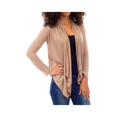 Gifts 4 All, This is an open top featuring a draped front. Cascade collar. Asymmetrical hem is longer at front that can be tied together.  Very pretty lace in back panel  gives a very elegant look.
Fabric: Polyester
Content: 100% Polyester
Available Color: Beige
Available sizes: S only