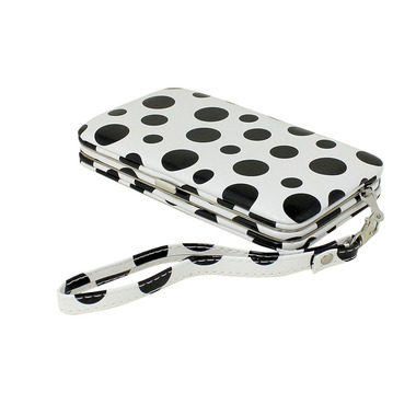 Gifts 4 All, Black or White only
These are beautiful Cell Phone and Wallet Wristlet. Ever have an occasion where you really just want to only have the essentials on you?  It can definitely be a pain carrying everything around all the time!  Let this cell phone & wallet wristlet help you condense with style for this occasion!  Made of imitation leather & velvet.  Holds any iPhone, & most Droids (without case).  Inside slots hold ID & 2 cards & a few dollars in bills.  Detachable wrist strap included.
Dimensions:
5.75"L (without strap) x 3.25"W x 1"D  Strap:  7.75"L
Materials: Imitation leather
Available Colors: 
Black / White Polka Dots
White / Black Polka Dots
