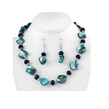 Gifts 4 All, Beautiful necklace set having blue shell beads with crystal beads. Comes with matching earrings.
Makes great gift. Closure lobster clasp. 2" extender.