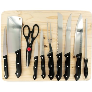 Gifts 4 All, Be fully prepared for any type of food preparation with this durable 11 piece Chef Knife Set with 18" x 13" Wood Cutting Board featuring knives with extremely sharp metal blades and comfortable plastic handles along with other tools. Set includes: knife sharpener, chef's knife, slicing knife, bread knife, roast fork, utility knife, kitchen shear, paring knife, cleaver knife, carving knife and an 18" x 13" wooden cutting board with a hole for hanging. Comes shrink wrapped. 