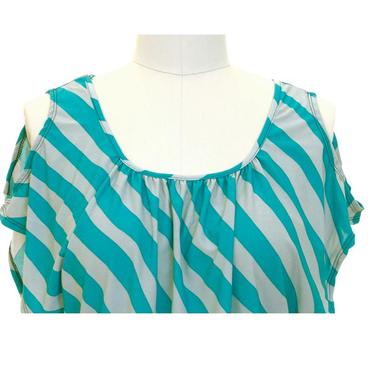 Gifts 4 All, PS: Blue is available in S size only
A stripe short sleeve knit top featuring peek-a-boo shoulders. Smocked waist. Scoop neck
Available sizes: S or M in  Black/White or S in Blue/Grey
Fabric:	Knit
Content:	95% Polyester, 5% Spandex
