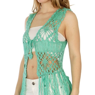 Gifts 4 All, Beautiful Crochet top, fringed at the bottom. Self tie strings in front.
Available in Blue, Hot Pink or Black Colors. Free Size fits up to 14 size