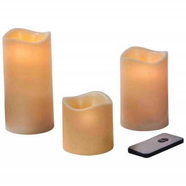 Gifts 4 All, Set includes: 3 candles measuring 3", 4-1/2" and 6" in height (3" in diameter); and remote control with on/off buttons. Features soft, flickering LED lights and realistic appearance without messy wax. Each candle requires 3 AAA batteries (not included)