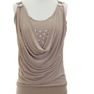 Gifts 4 All, A two piece look knit top featuring a studded neckline. Draped constructions accented by two metal O rings. Banded hem. 
Fabric:	Knit
Content:	92% Polyester 8% Spandex
Available sizes: Small, Medium or Large
Available colors: Beige, Black, Blue or Orange