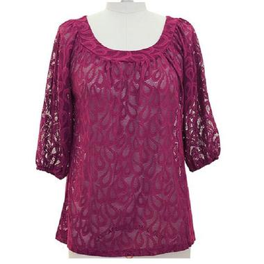 Gifts 4 All, A semi-cheer 3/4 sleeves lace top. Dolman sleeves. Scoop neckline. No lining. Semi-sheer. 
Available Sizes: S, M or L
Available Colors: Black, Purple, Blue or Burgundy
Fabric:	Knit
Content:	92% Polyester 8% Spandex