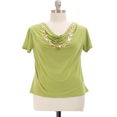 Gifts 4 All, Cowl neck blouse featuring a gold necklace. Necklace is detachable. Short sleeves. Knit.
Available in Regular Sizes: S, M, L or XL
Fabric:	Knit
Content:	92% Polyester 8% Spandex
Available Colors: Black, Green, Red or Tan