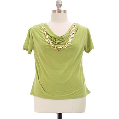 Gifts 4 All, Cowl neck blouse featuring a gold necklace. Necklace is detachable. Short sleeves. Knit.
Available in Regular Sizes: S, M, L or XL
Fabric:	Knit
Content:	92% Polyester 8% Spandex
Available Colors: Black, Green, Red or Tan