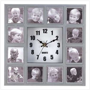 Gifts 4 All, Great for storing pictures of your child's growing years and more, this elegant Photo Frame Clock holds up to 12 changeable photos so you can personalize it any way you like. Stylish design features a matte silver square frame with small photo frames and a black and white quartz clock. Measures approximately 10.75" x 10.75". Each photo frame measures approximately 2" x 2". Includes hole on back for wall mounting. Requires 1 'AA' battery (not included).