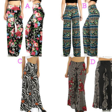 Gifts 4 All, Very trendy, palazzo pants. Choose from different colors or prints as shown in pics.
Fabric content:  95% Polyester, 5% Spendex
Size: S/M