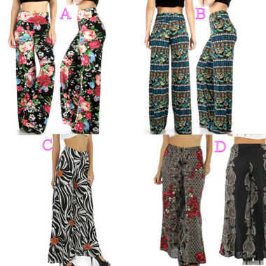 Gifts 4 All, Very trendy, palazzo pants. Choose from different colors or prints as shown in pics.
Fabric content:  95% Polyester, 5% Spendex
Size: S/M