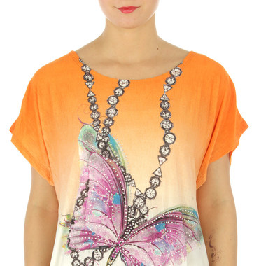 Gifts 4 All, This beautiful butterfly print top is having crystal stone details. It is Cotton blend 
and having ruched sides. 
Fabric: Cotton/Polyester/Spandex
Available colors: Pink, green or Yellow
One size fits most
Embellished with crystal stones.