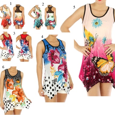 Gifts 4 All - Studded Floral or Butterfly Print Handkerchief style Tank Top Your Choice of color and Size