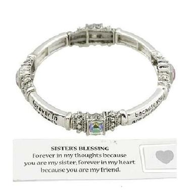 Gifts 4 All, This is a gorgeous silver plated stretch bracelet that features a Sister Blessing inscribed and lacquered which says "Forever in my thoughts because you are my sister, forever in my heart because you are my friend" Has 4 multi color faceted stones and an over antique look. Comes with a Book Mark attached with satin ribbon.
Great gift for a sister.
Bracelet with Lighter shade of gems is only available..