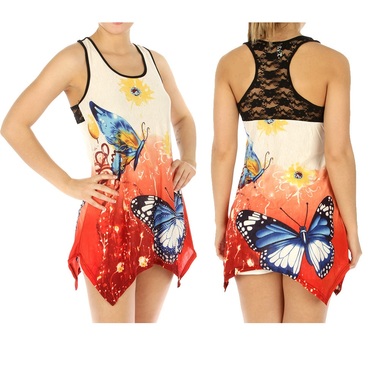 Gifts 4 All - Studded Floral or Butterfly Print Handkerchief style Tank Top Your Choice of color and Size